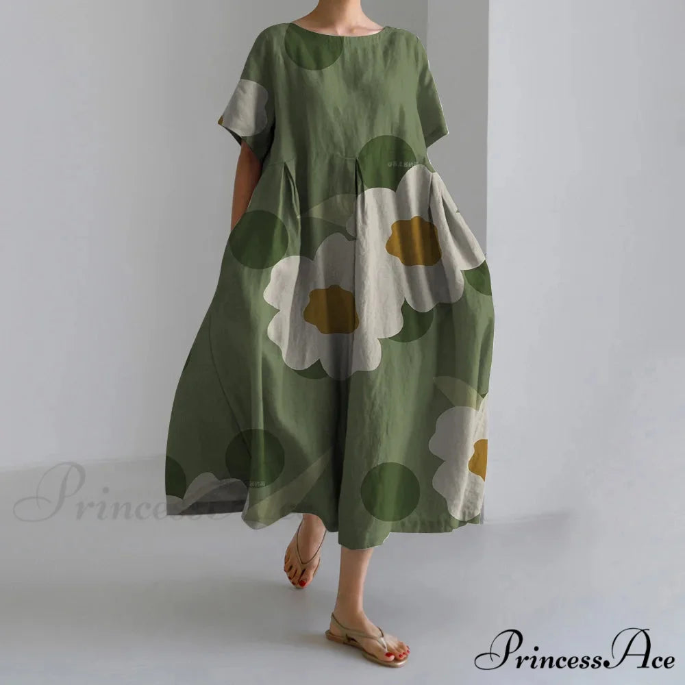 Beautiful 3D Flower Pattern Short Sleeve Midi Evening Dress green2 / S oldfloraldress-250126