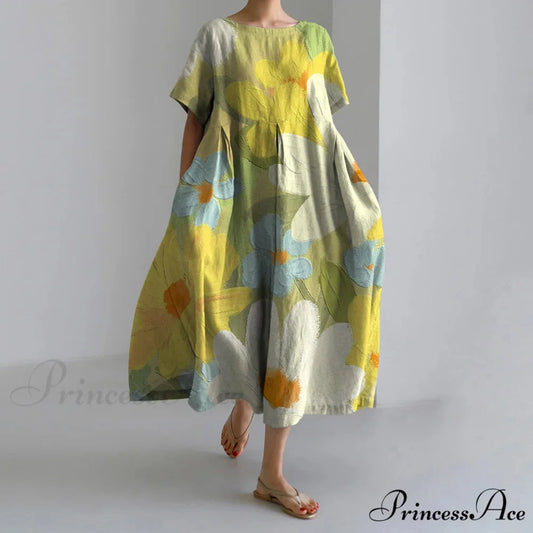 Beautiful 3D Flower Pattern Short Sleeve Midi Evening Dress yellow1 / S oldfloraldress-250126