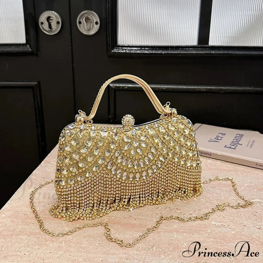 Beautiful Gems Gold Silver Clasp Chain Clutch Purse Gold clutchbag-250126