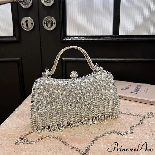 Beautiful Gems Gold Silver Clasp Chain Clutch Purse Silver clutchbag-250126