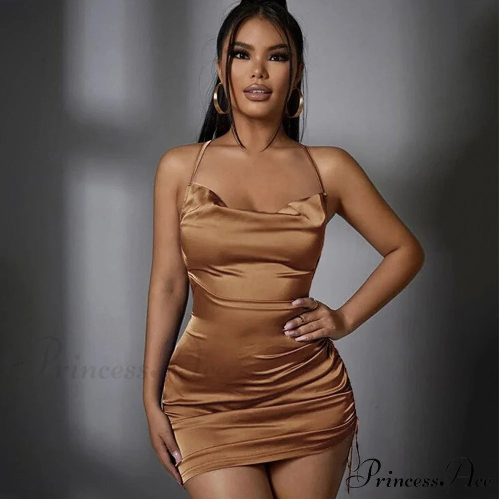 Becca Satin Lace-Up Charming Ruched Mini Dress apricot / S