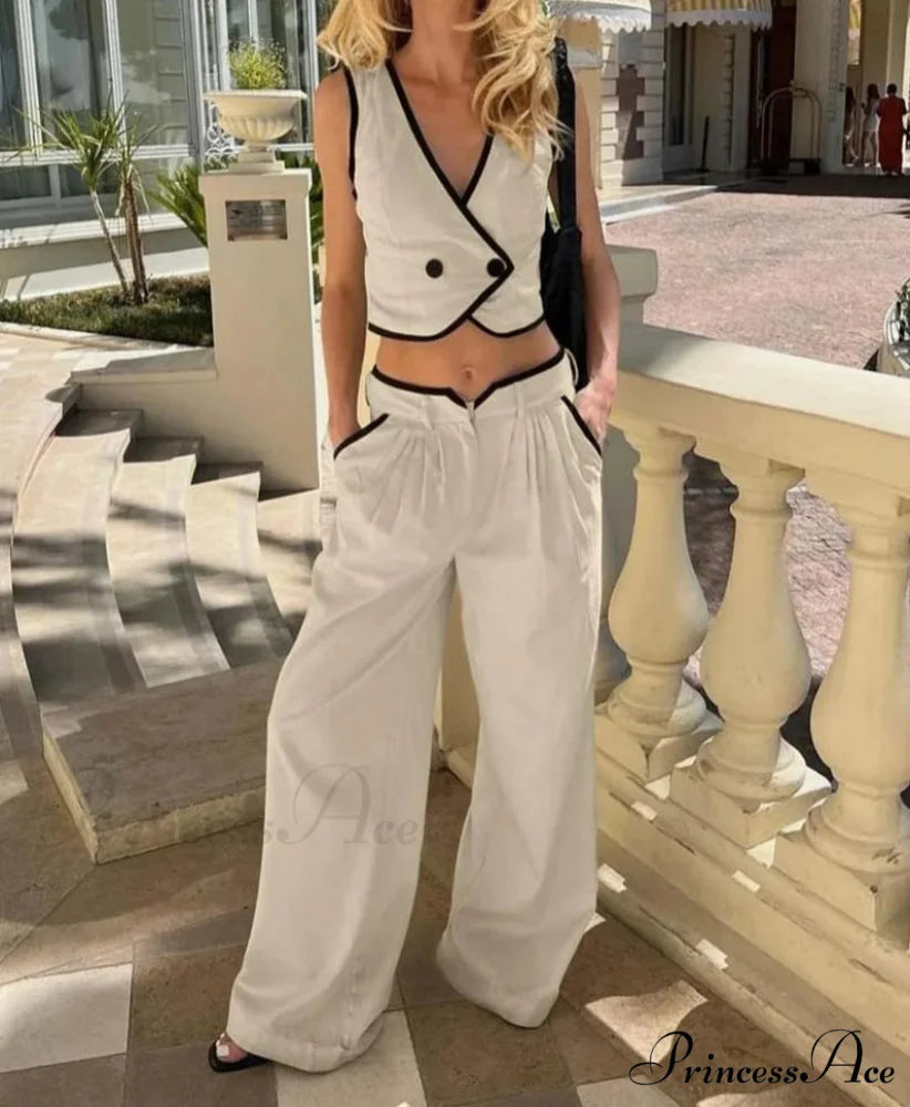 Beige Cotton Patchwork Pockets Trousers Work Two Piece Set Khaki / S officetwopieceset-250223