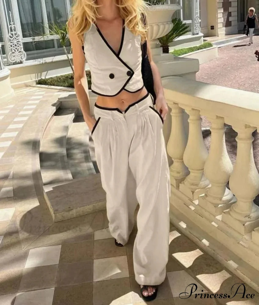 Beige Cotton Patchwork Pockets Trousers Work Two Piece Set officetwopieceset-250223
