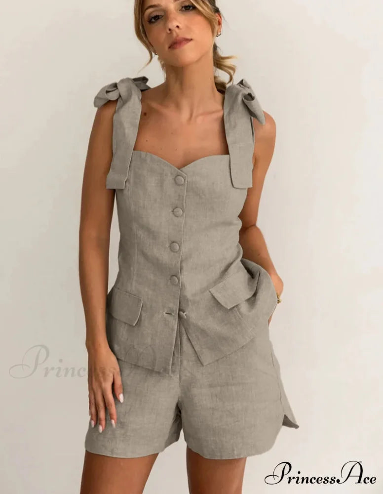 Beige Cotton Trim Sleeveless Workplace Two Piece Set Khaki / S officetwopieceset-250223