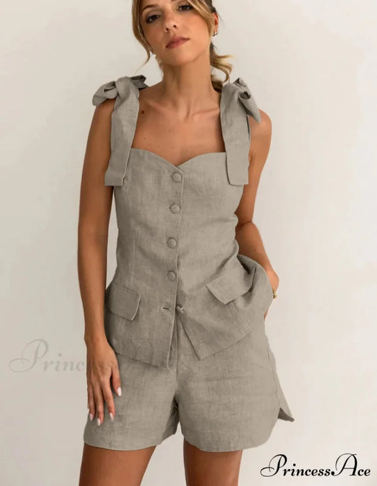 Beige Cotton Trim Sleeveless Workplace Two Piece Set Khaki / S officetwopieceset-250223