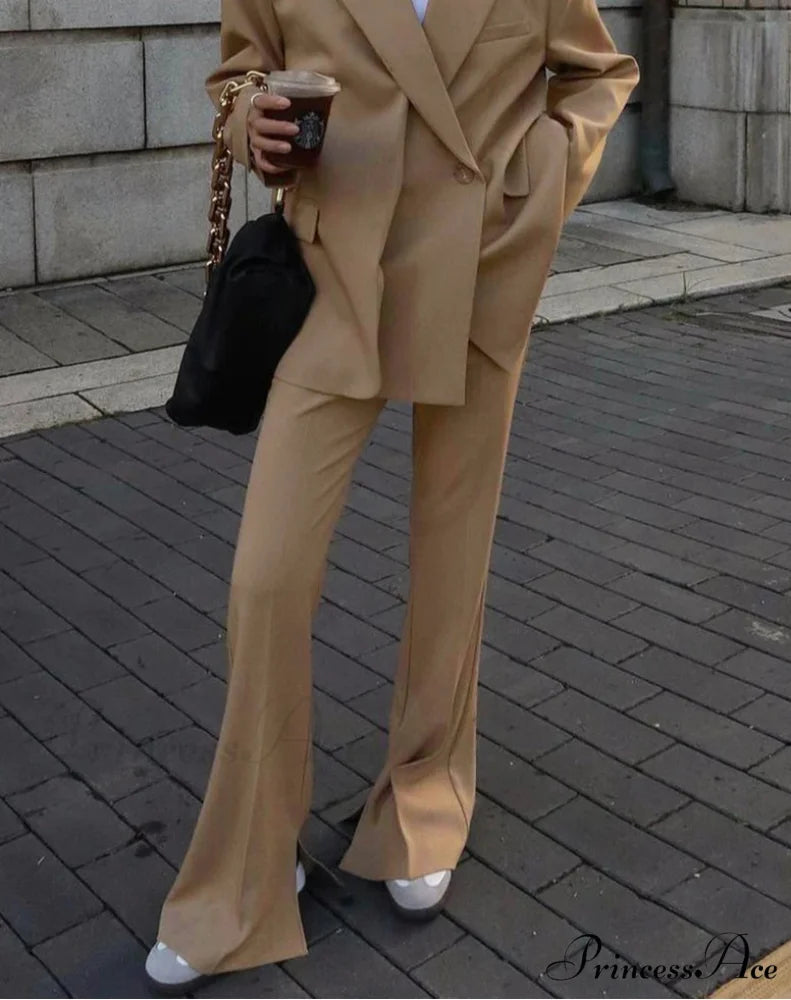 Beige Extended Sleeve Opening Trousers Workplace Two Piece Set officetwopieceset-250223