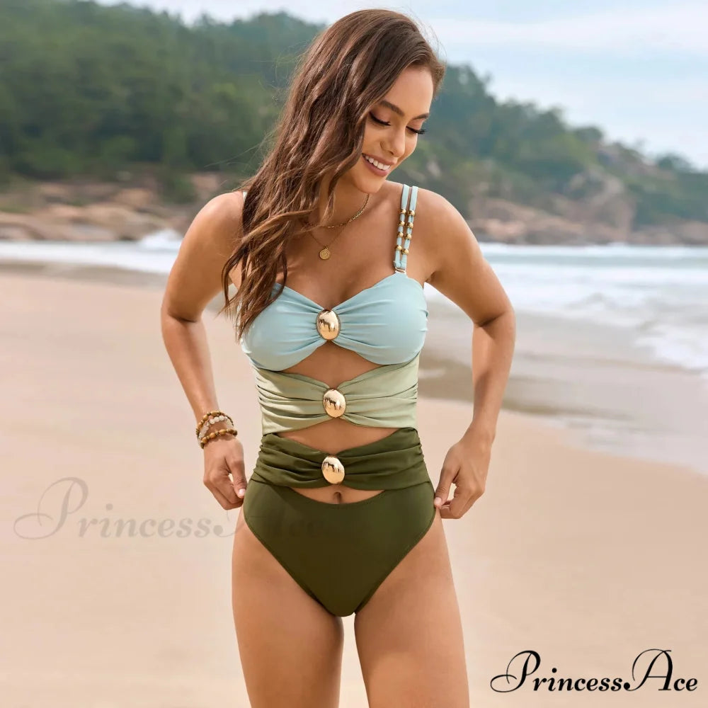 Beige Metallic Clasp Pleated One Piece Swimsuit Green / S onepiece-250223