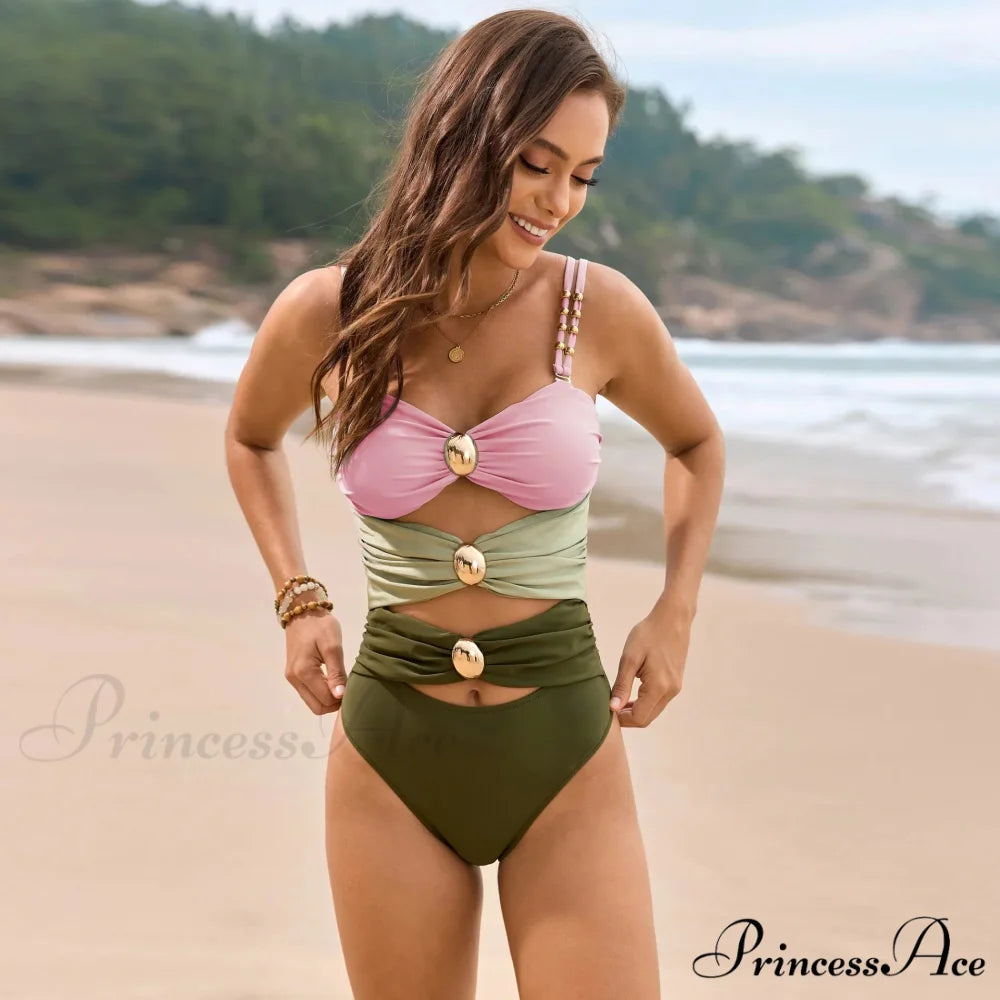 Beige Metallic Clasp Pleated One Piece Swimsuit Pink / S onepiece-250223