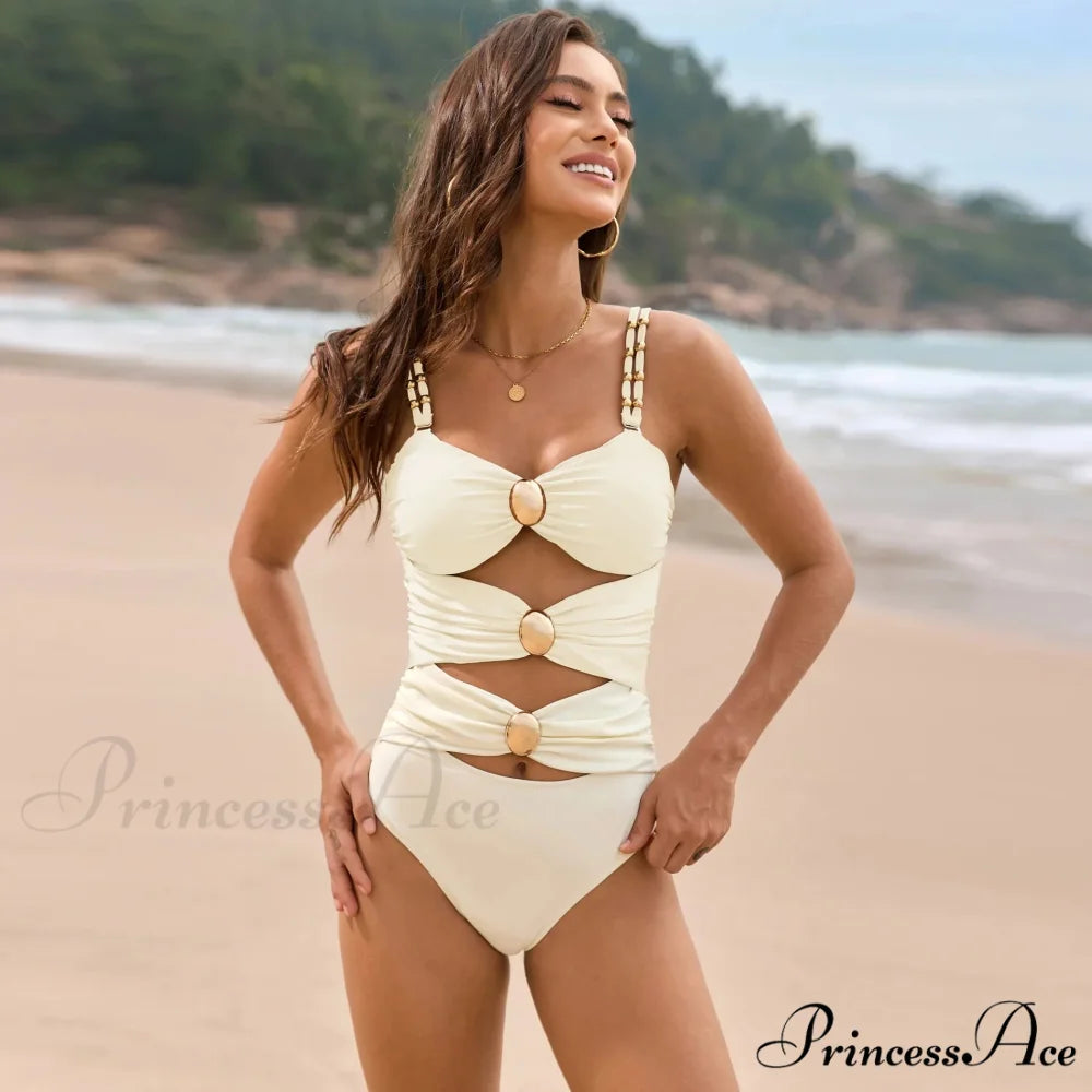Beige Metallic Clasp Pleated One Piece Swimsuit White / S onepiece-250223