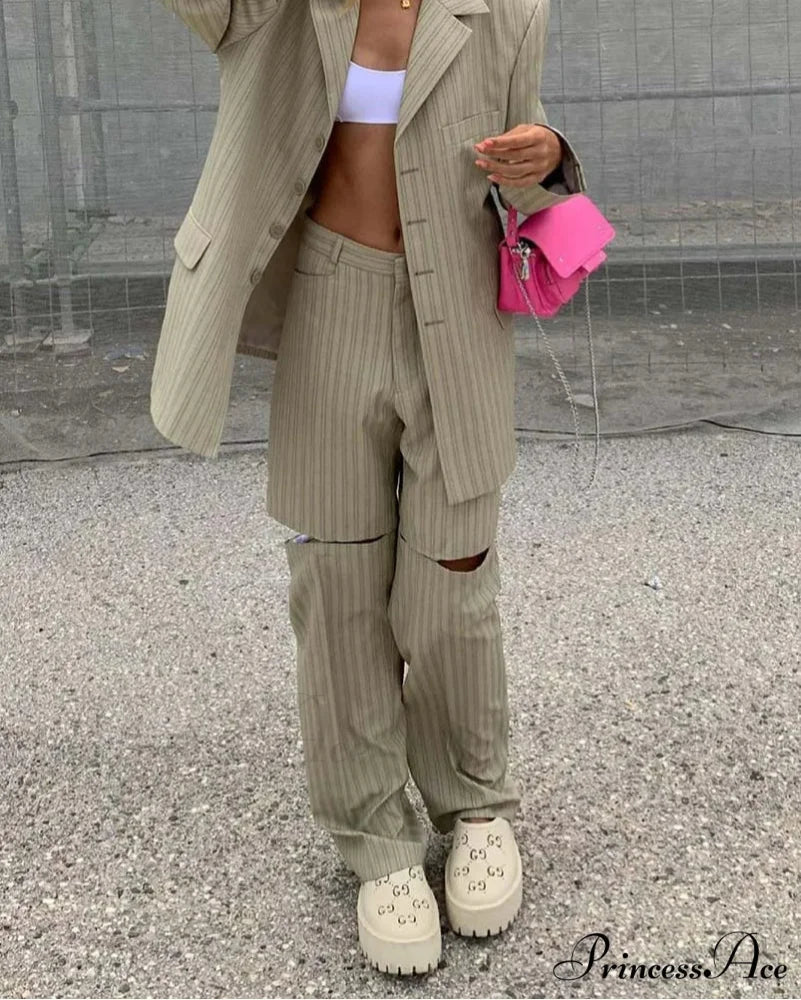 Beige Pattern Cut Out Pants Work Two Piece Ensemble Khaki / S officetwopieceset-250223