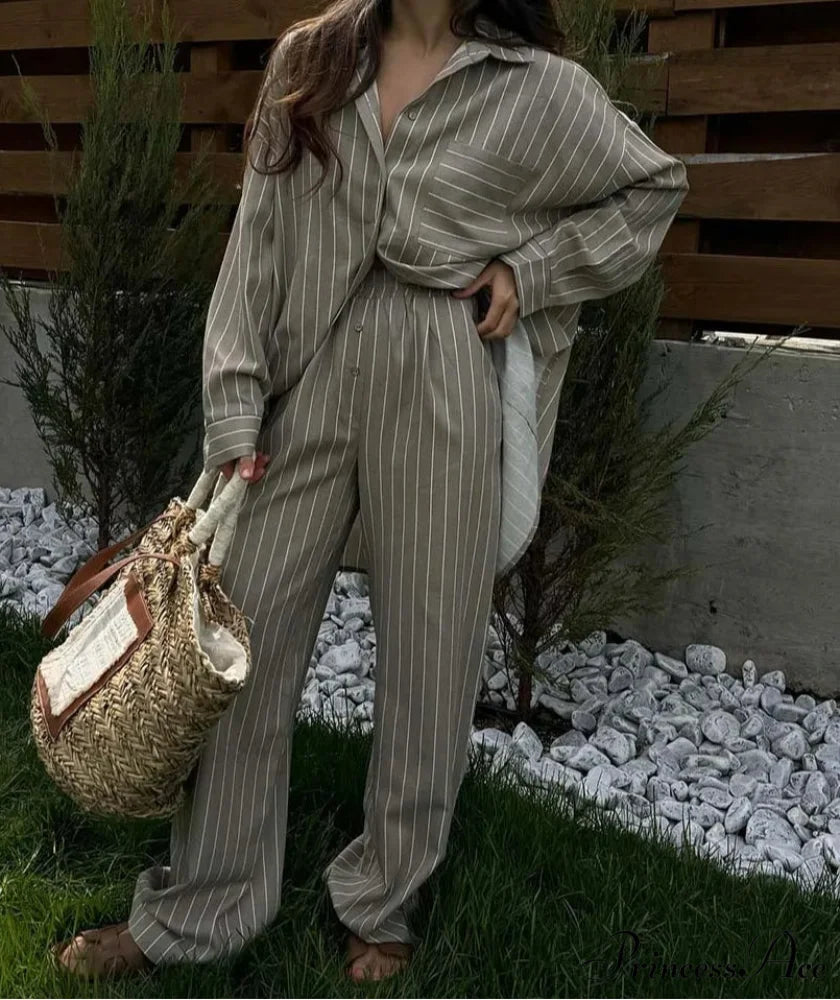 Beige Pattern Pockets Straight Trousers Work Two Piece Set Khaki / S officetwopieceset-250223