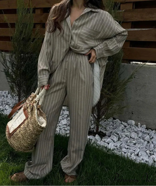 Beige Pattern Pockets Straight Trousers Work Two Piece Set Khaki / S officetwopieceset-250223