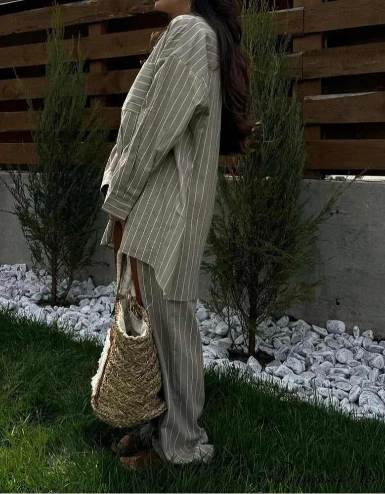 Beige Pattern Pockets Straight Trousers Work Two Piece Set officetwopieceset-250223