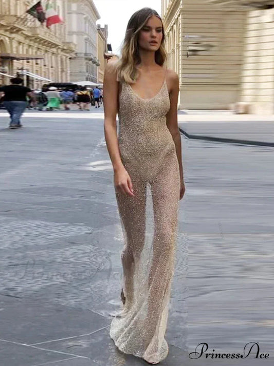 Beige See Through Deep V neck Side Slit Maxi Dress