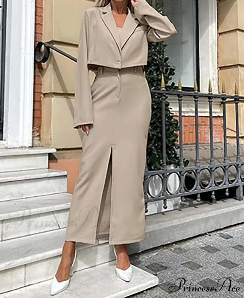 Beige Single Button Crop Skirt Workplace Two Piece Set Khaki / S officetwopieceset-250223