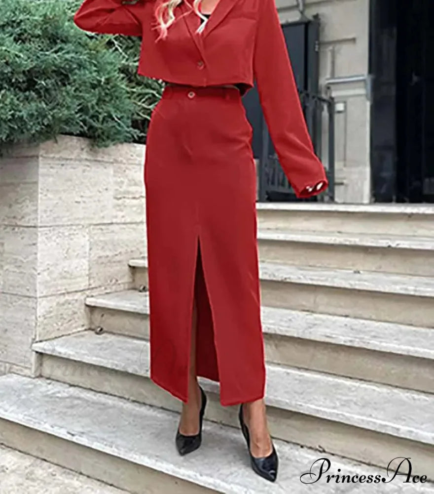 Beige Single Button Crop Skirt Workplace Two Piece Set Red / S officetwopieceset-250223