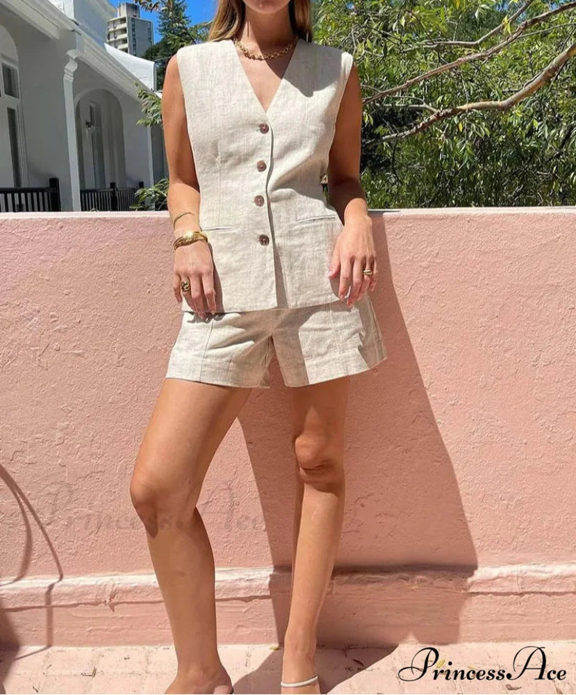 Beige Sleeveless Button Shorts Workplace Two Piece Set officetwopieceset-250223