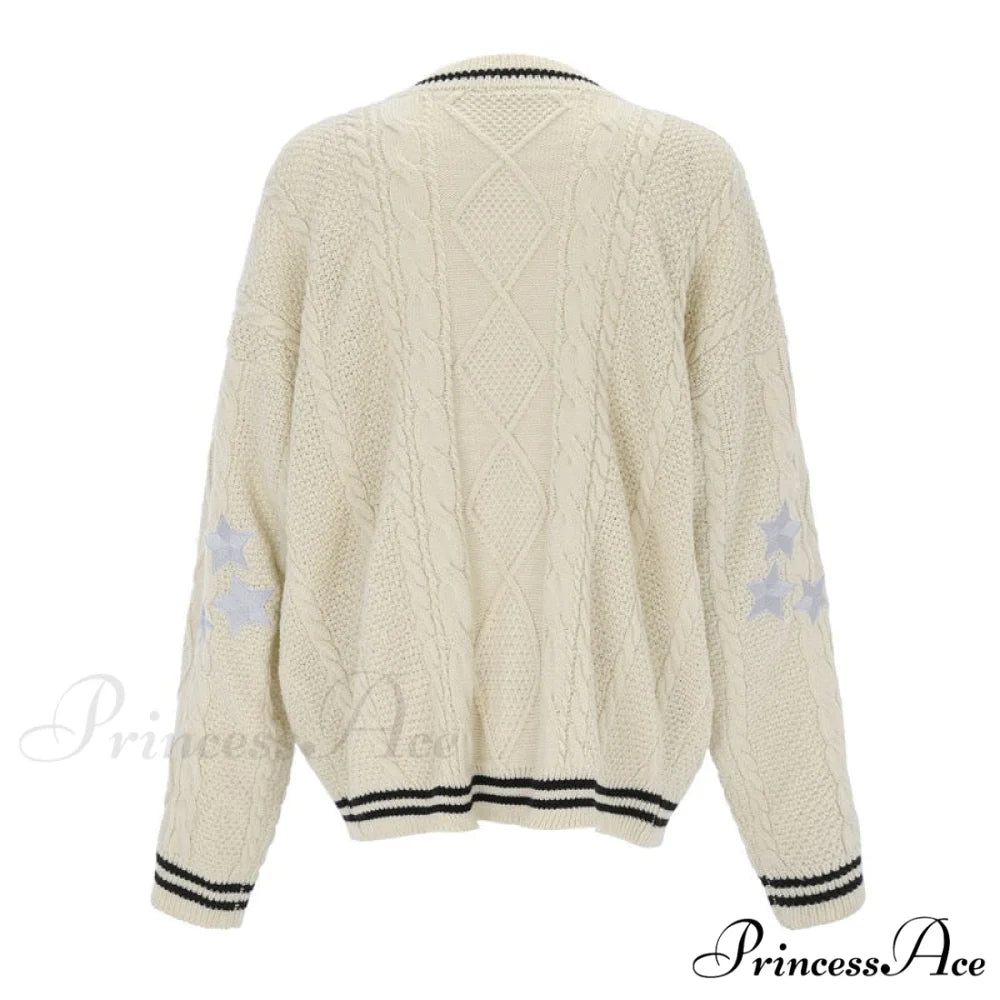 Beige V-neck Star Embroidery Cardigan