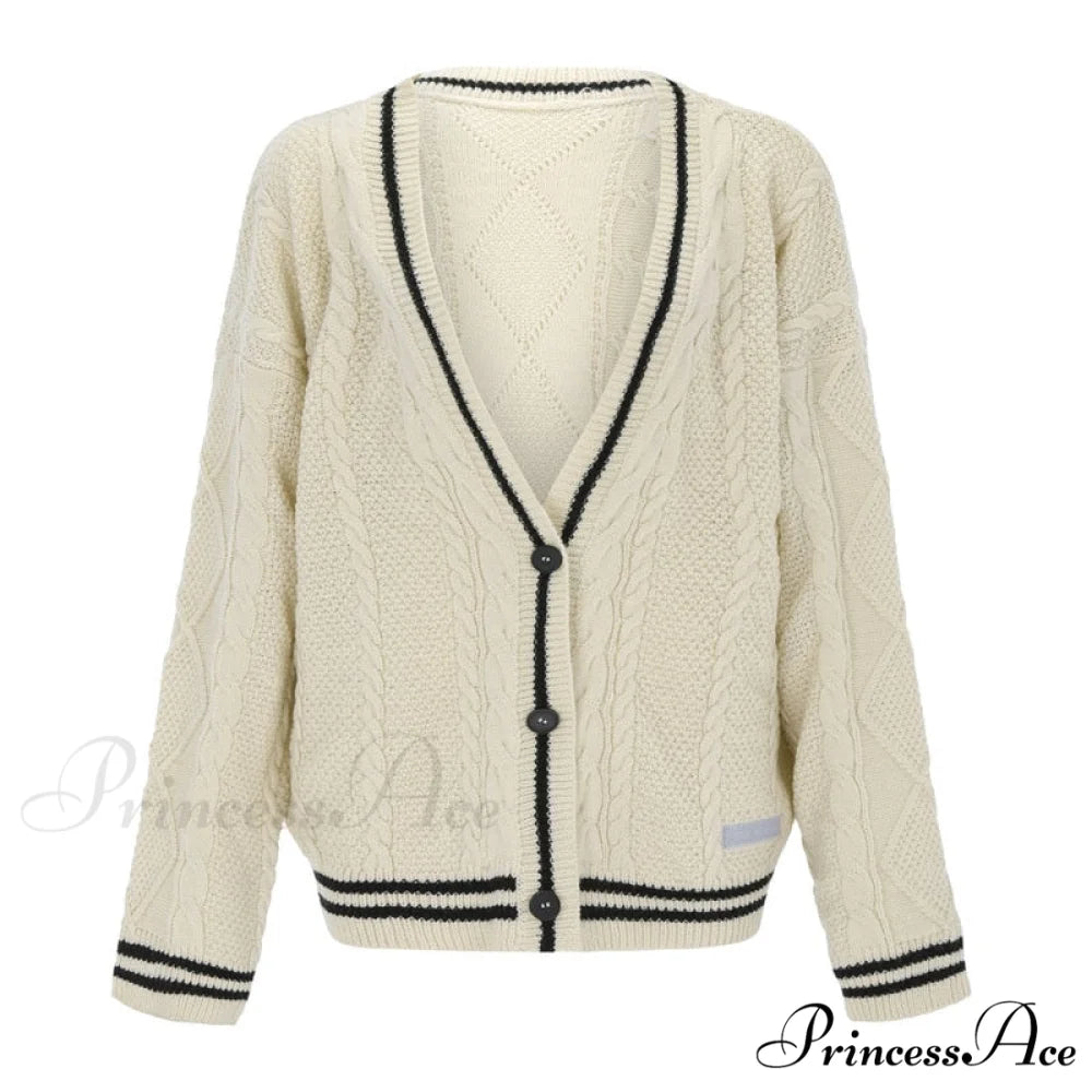 Beige V-neck Star Embroidery Cardigan