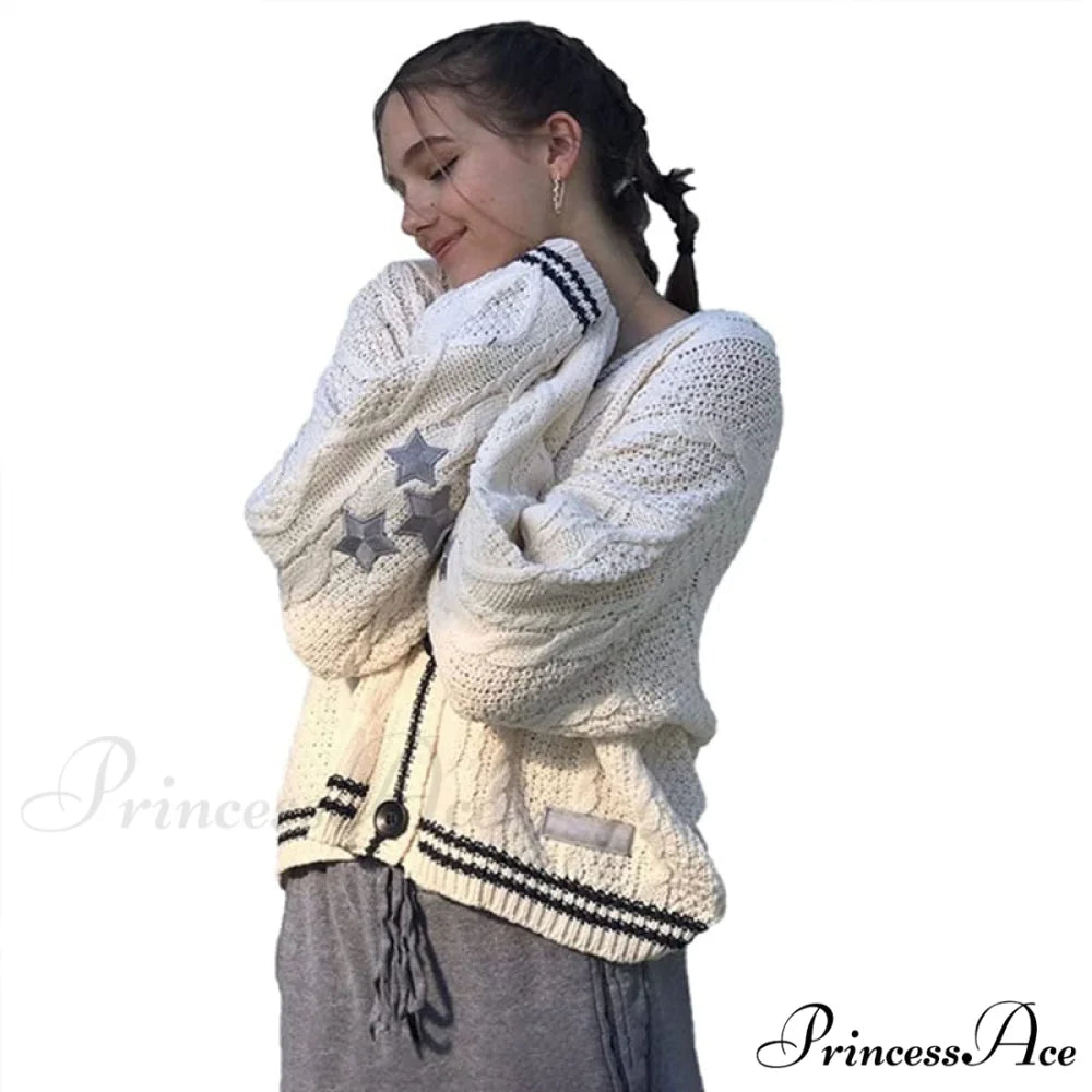 Beige V-neck Star Embroidery Cardigan