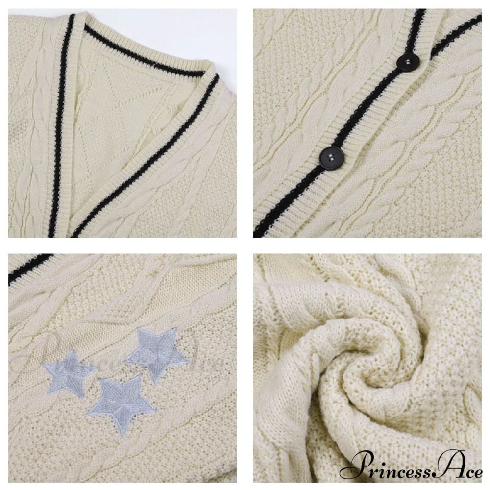 Beige V-neck Star Embroidery Cardigan