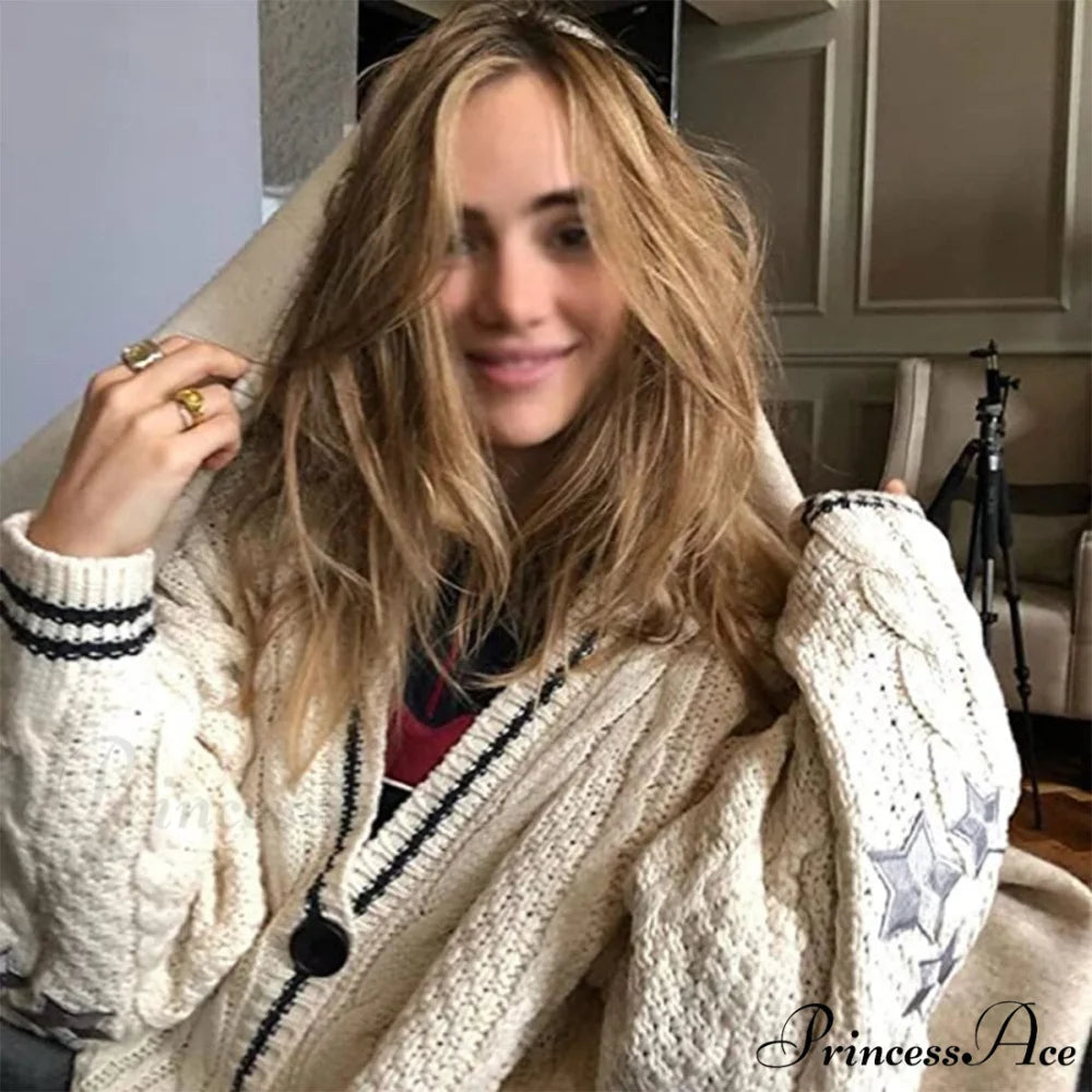 Beige V-neck Star Embroidery Cardigan Beige / S