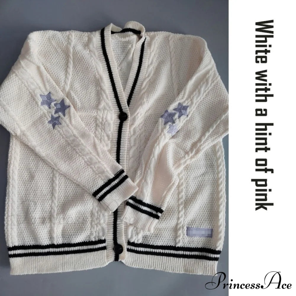 Beige V-neck Star Embroidery Cardigan White / S