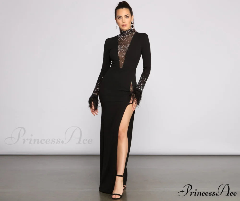 Beka Mesh And Heat Graceful Stone High Slit Dress BLACK / S