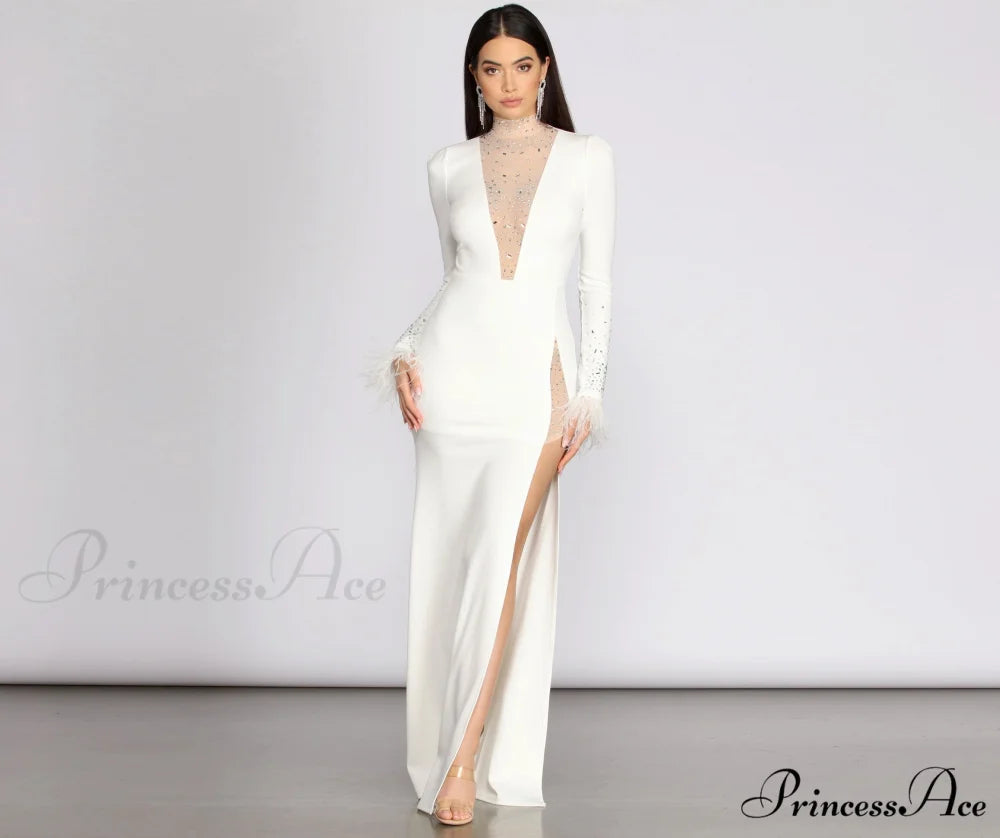 Beka Mesh And Heat Graceful Stone High Slit Dress IVORY / S