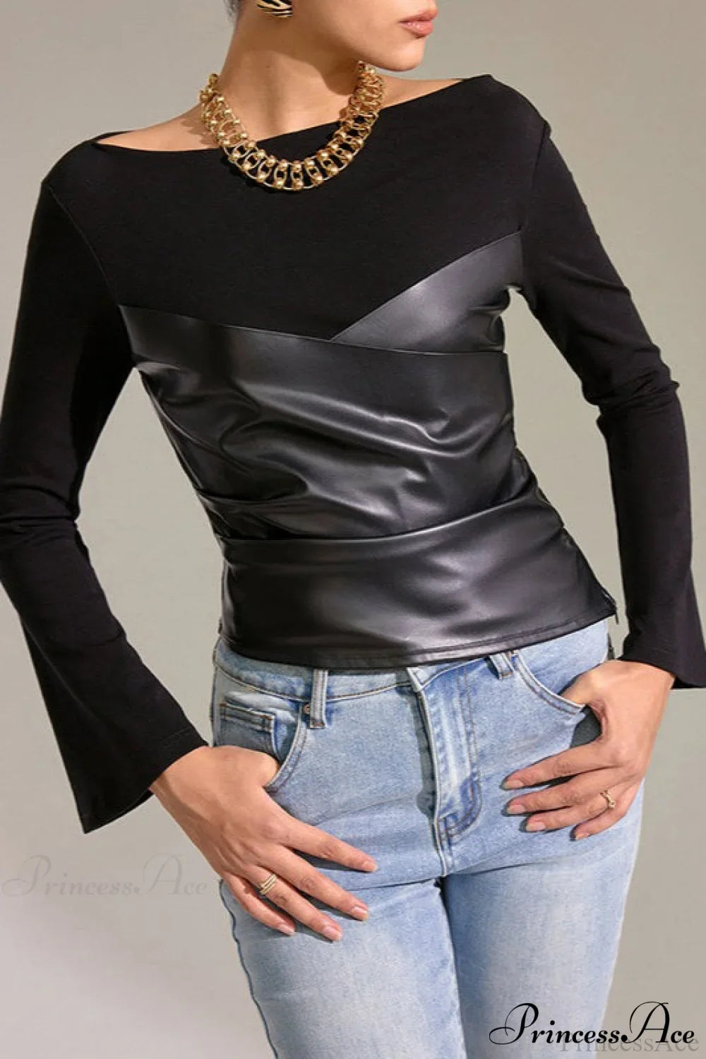 Bell-Sleeve Faux Leather Trim Solid Knit Top