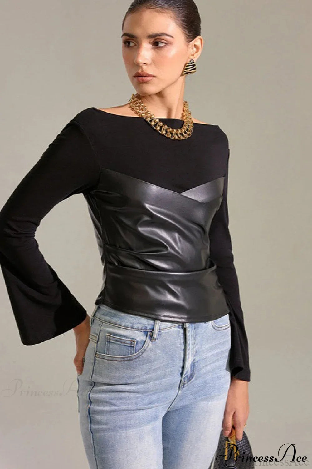 Bell-Sleeve Faux Leather Trim Solid Knit Top