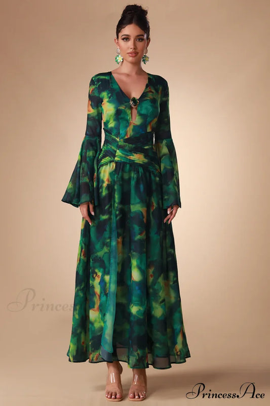 Bell Sleeve Stylish Printed Gown