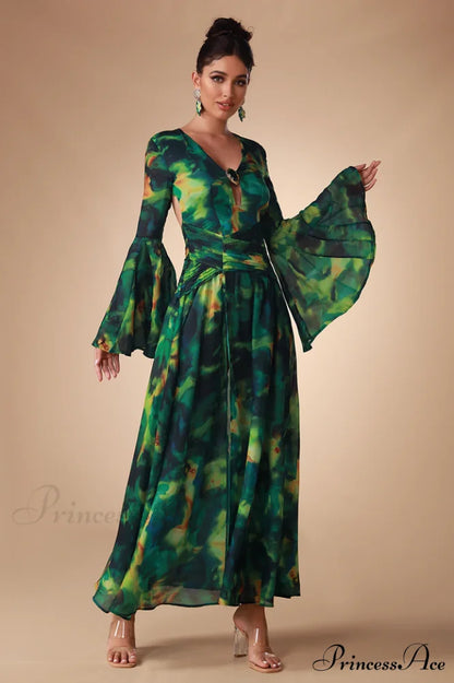 Bell Sleeve Stylish Printed Gown