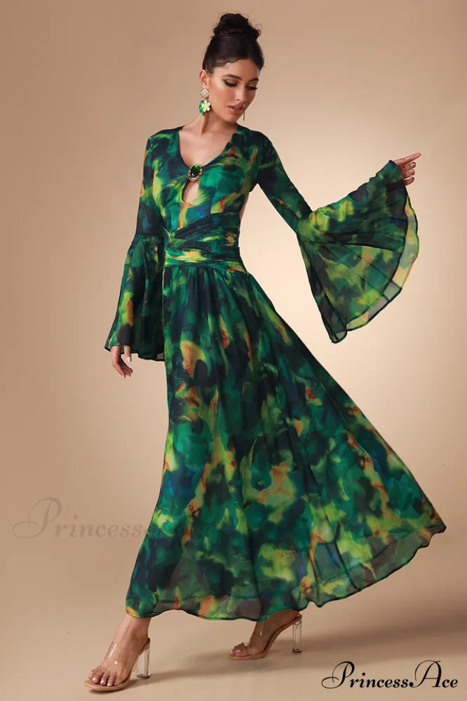Bell Sleeve Stylish Printed Gown