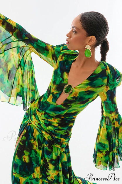 Bell Sleeve Stylish Printed Gown