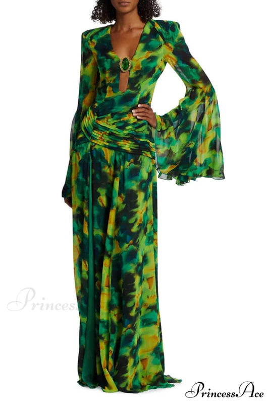 Bell Sleeve Stylish Printed Gown XS / Green Printed