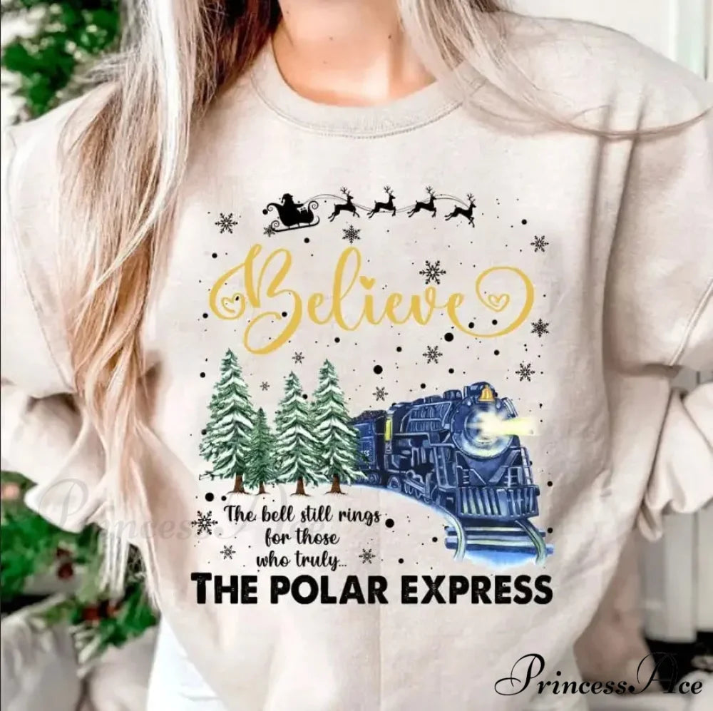 Bell Still Rings Slogan Train Print Voguish Vintage Christmas Hoodie creamy-white / S Christmas Hoodies-L