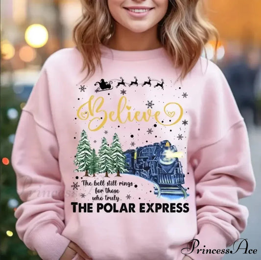 Bell Still Rings Slogan Train Print Voguish Vintage Christmas Hoodie Pink / S Christmas Hoodies-L