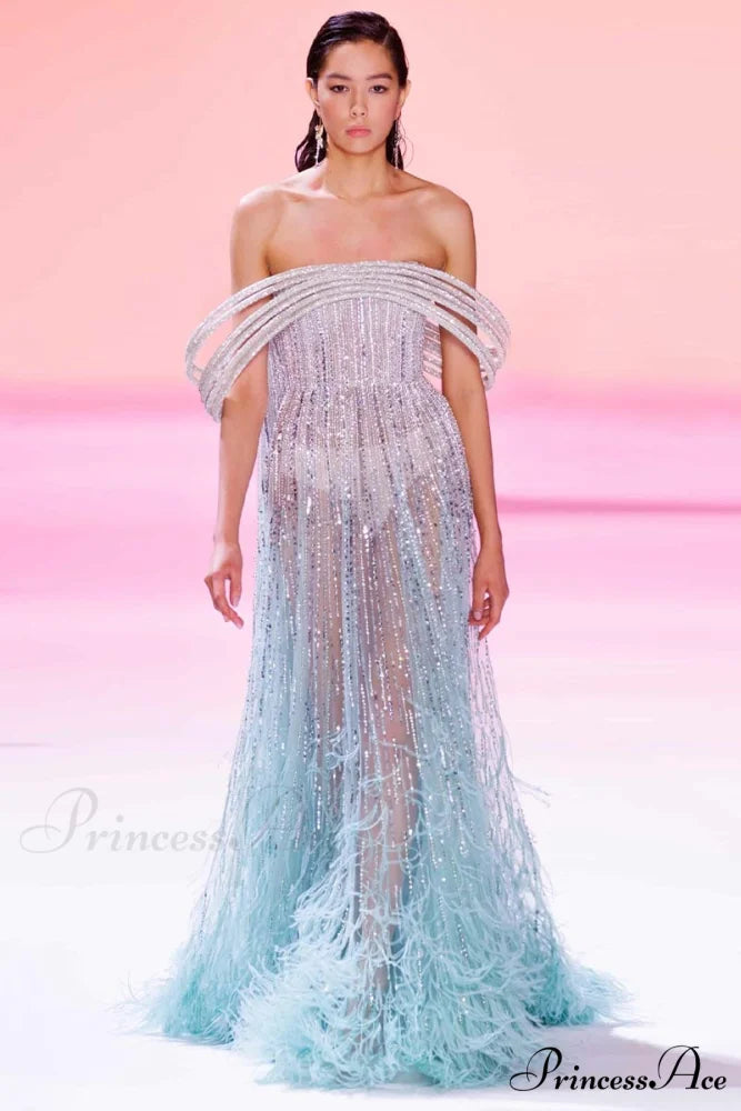 Bella Off-the-Shoulder Graceful Beaded Maxi Dress Aqua / 2