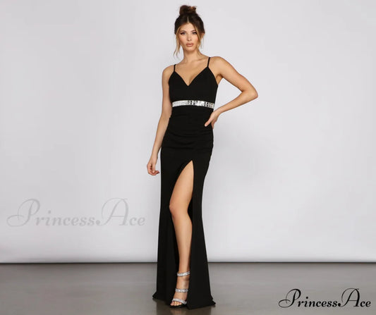 Bella Rhinestone Waist Charming Crepe Formal Dress BLACK / S