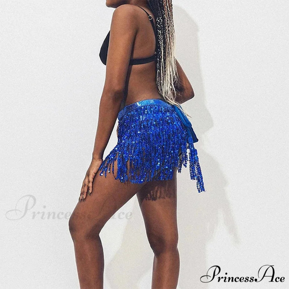 Belly Dance Glitter Sequins Wrap Tassel Skirt DEEP BLUE / One Size