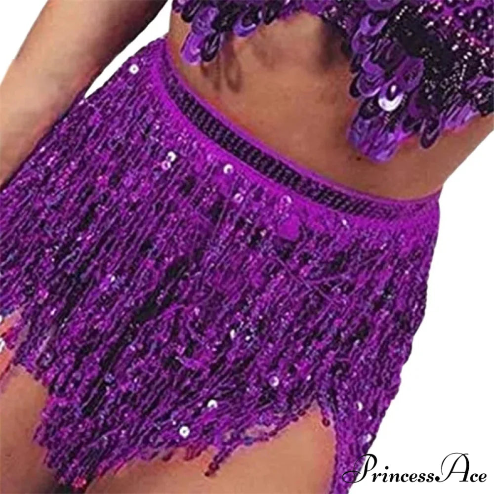 Belly Dance Glitter Sequins Wrap Tassel Skirt PURPLE / One Size