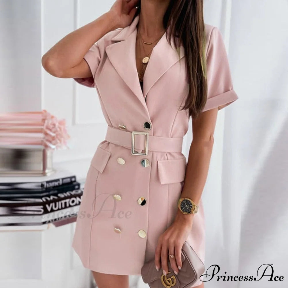 Belted Button Party Dress Pink / S