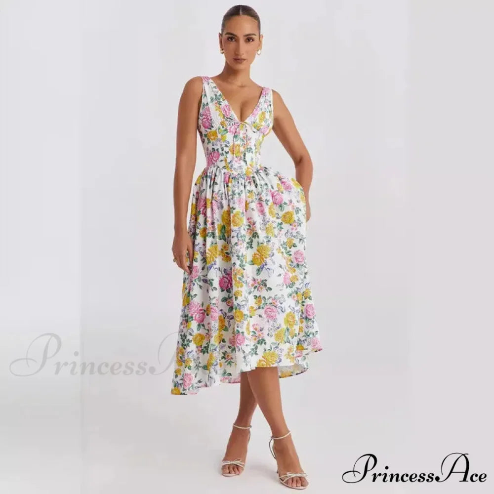 Belted Cover Pattern Flared Holiday Dress pinkyellow / S vacationdress-250223