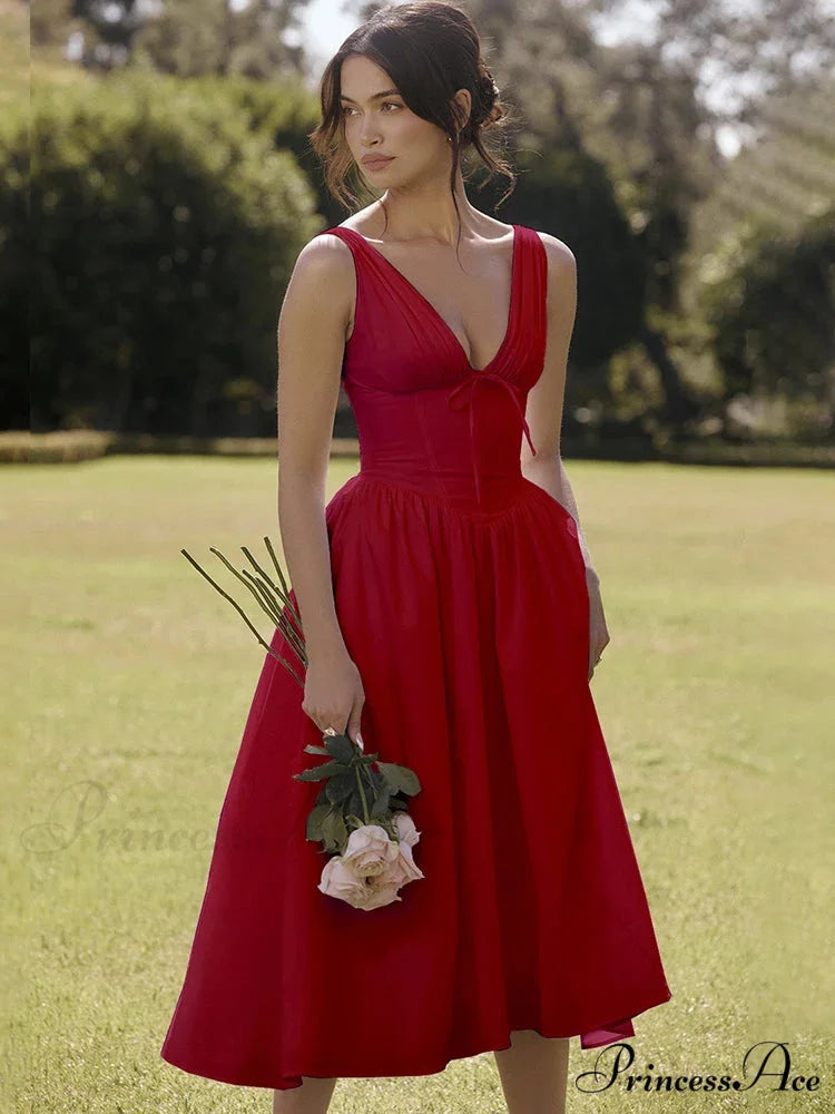 Belted Cover Pattern Flared Holiday Dress Red / S vacationdress-250223