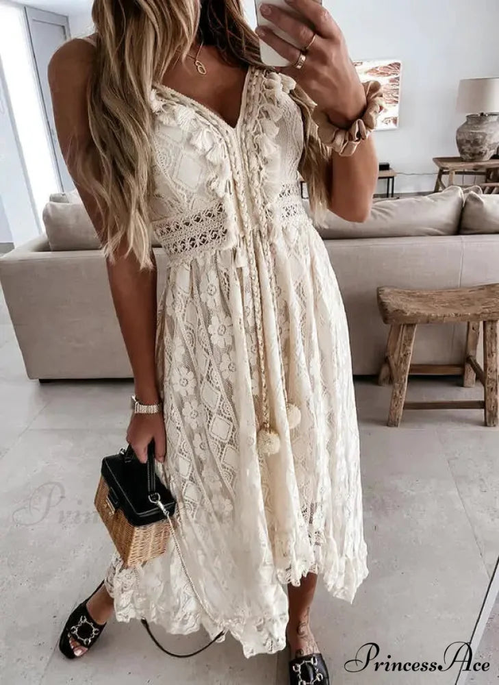 Beltless Sleeveless Plunging Neckline Fringe Lace Maxi White Bohemian Dress bohodress-250126