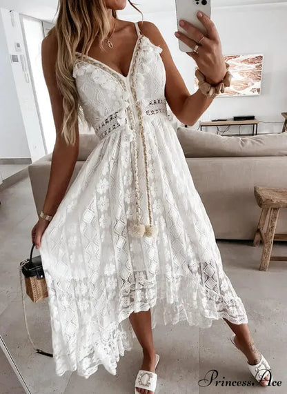 Beltless Sleeveless Plunging Neckline Fringe Lace Maxi White Bohemian Dress bohodress-250126