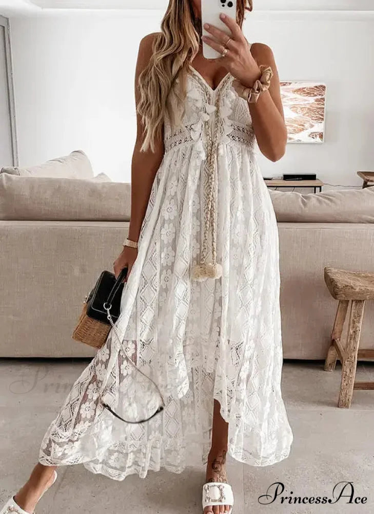 Beltless Sleeveless Plunging Neckline Fringe Lace Maxi White Bohemian Dress White / S bohodress-250126
