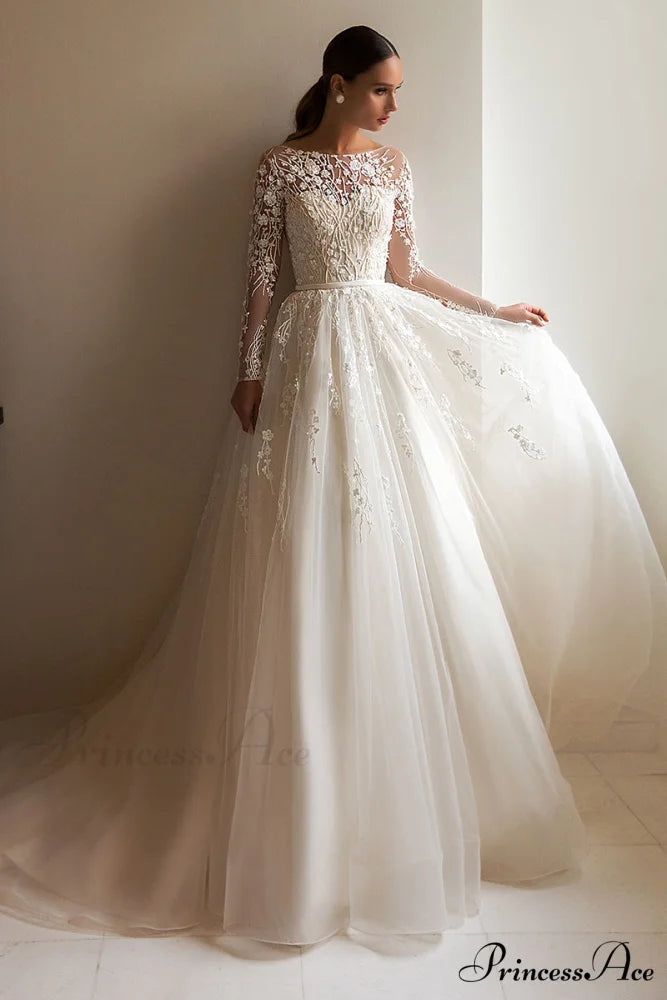 Bennett Long Graceful Sleeve Wedding Dress Ivory / 2