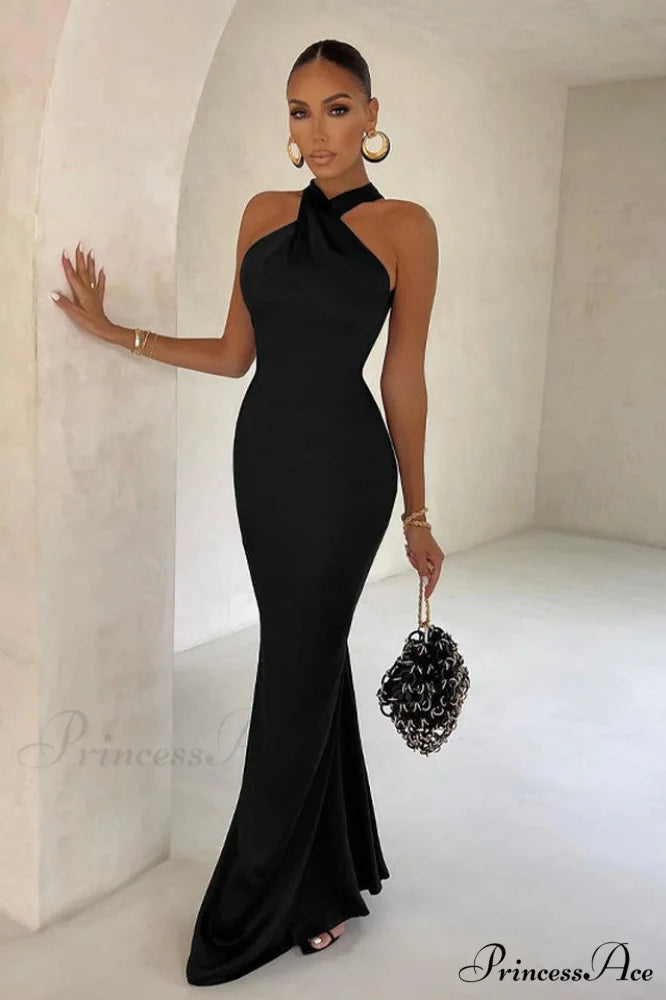 Bianca Cross Over Charming Halter Neck Dress S / Black